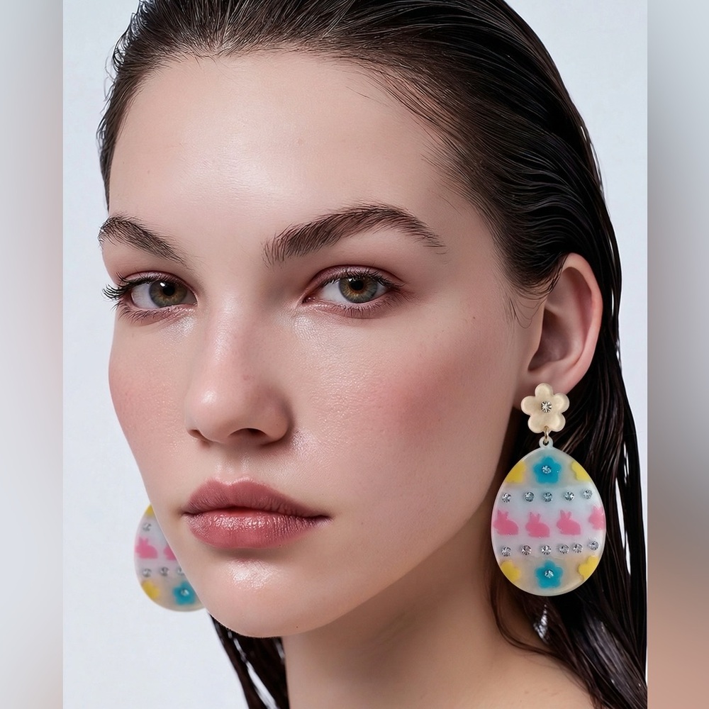 Plunder Easter Egg Drop Dangle Earrings made of acrylic and rhinestones